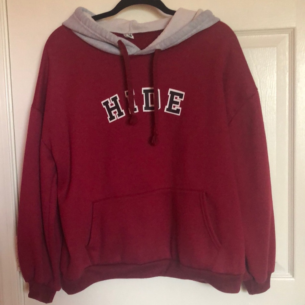 Medium dark red/maroon hoodie with gray hood